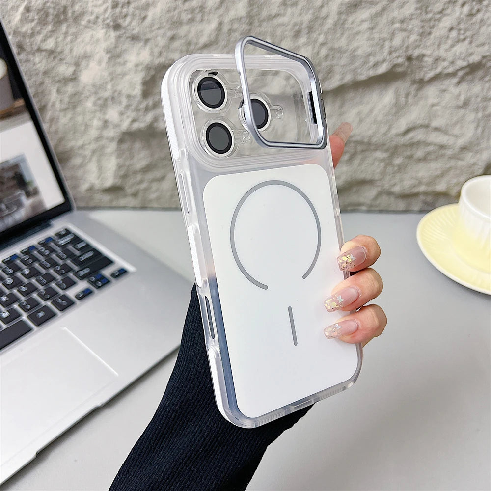 Luxury Matte Shockproof Magnetic Bumper Case For iPhone 17 Pro Max Air 16 15 14 Plus 13 12 For Magsafe Lens Protect Stand Cover